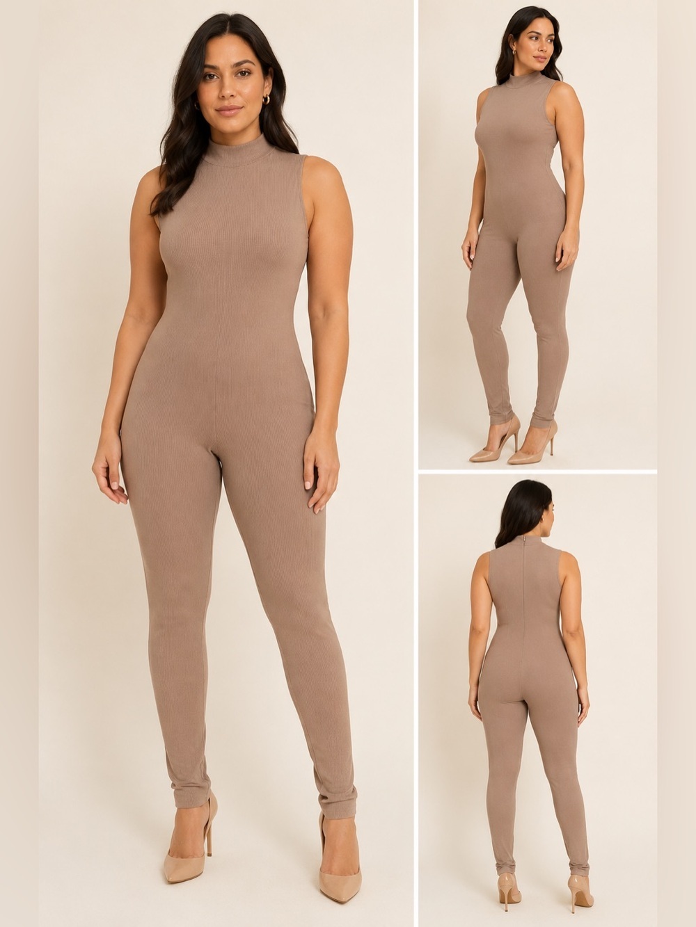 Lilly’s Kloset Brown Ribbed Mock Neck Sleeveless Jumpsuit Catsuit L NWT